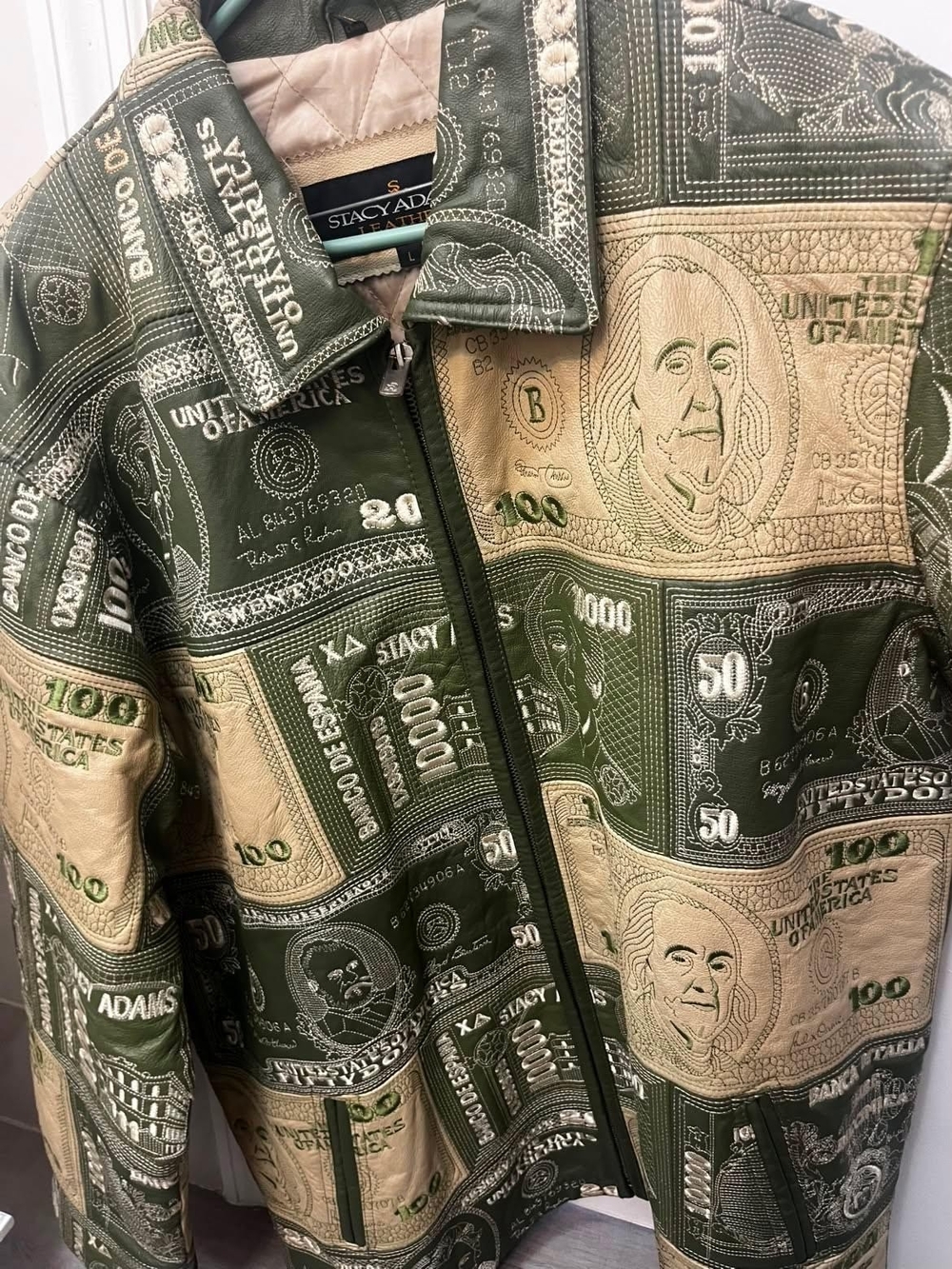 Stacy Adams Green & Cream Money Print Bomber Jacket